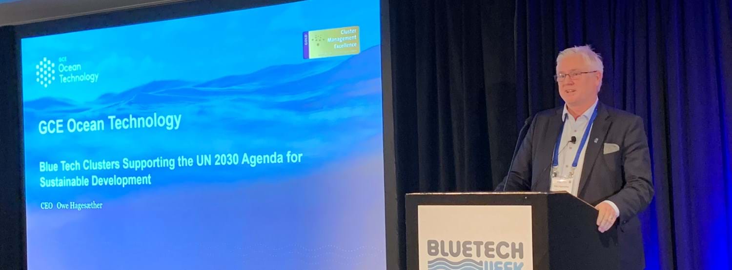 Owe Hagesæther, CEO of GCE Ocean Technology presenting the latest news from our cluster at the BlueTech Week in San Diego, November 2019.