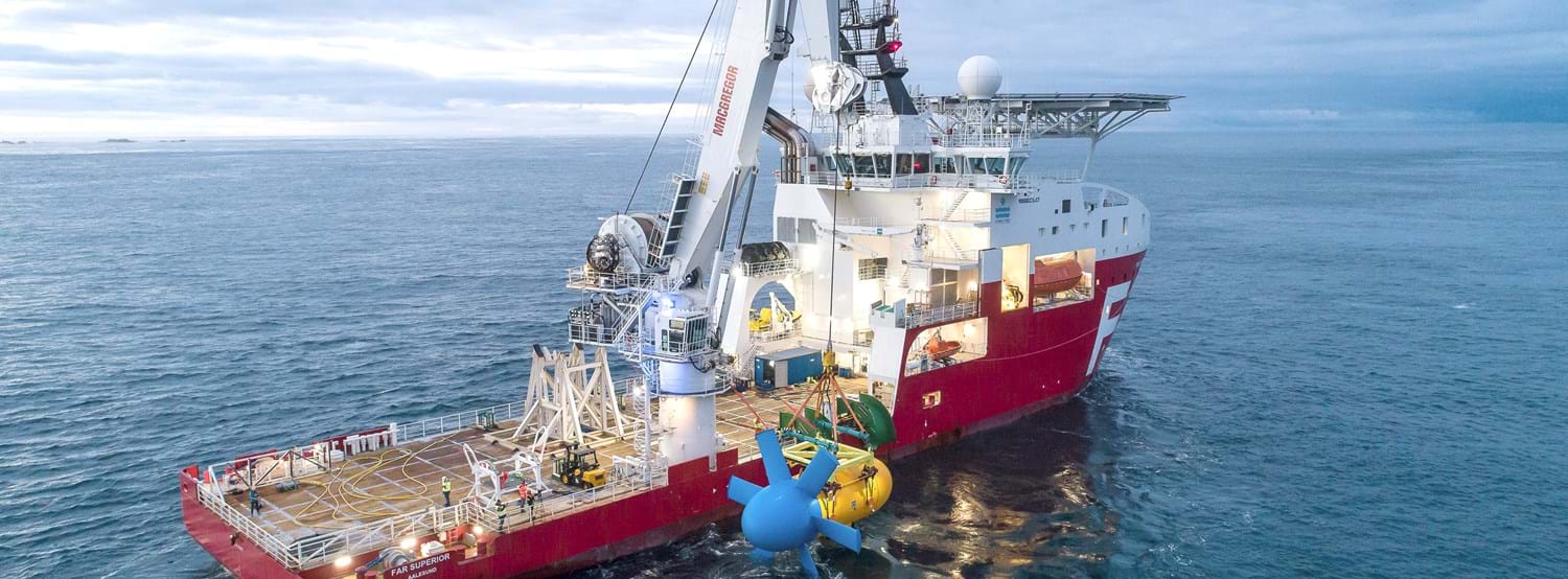  SABELLA D10 tidal stream turbine is reimmersed in the Fromveur passage, France, and grid-connected to Ushant offgrid network, October 2018. The offshore vessel is the Far Superior from Norway. Photo: Sabella