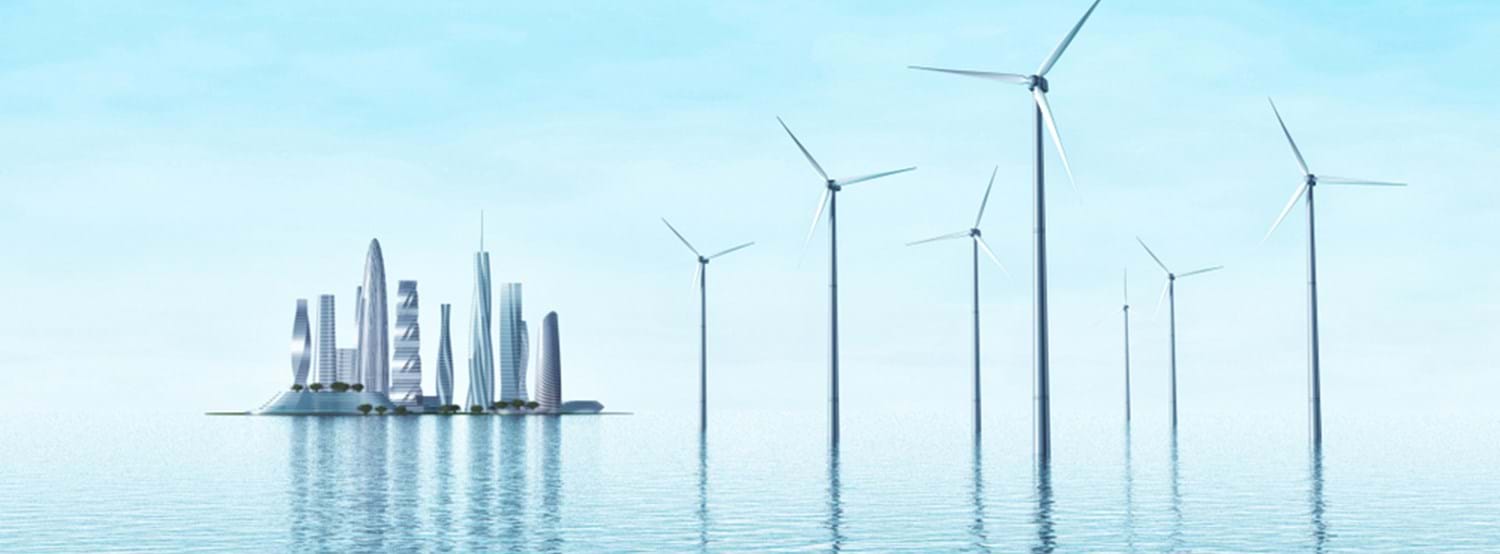  Wind turbines in the middle of the sea and modern city on an island. Futuristic landscape. 3d rendering image. Photo by Shutterstock.
