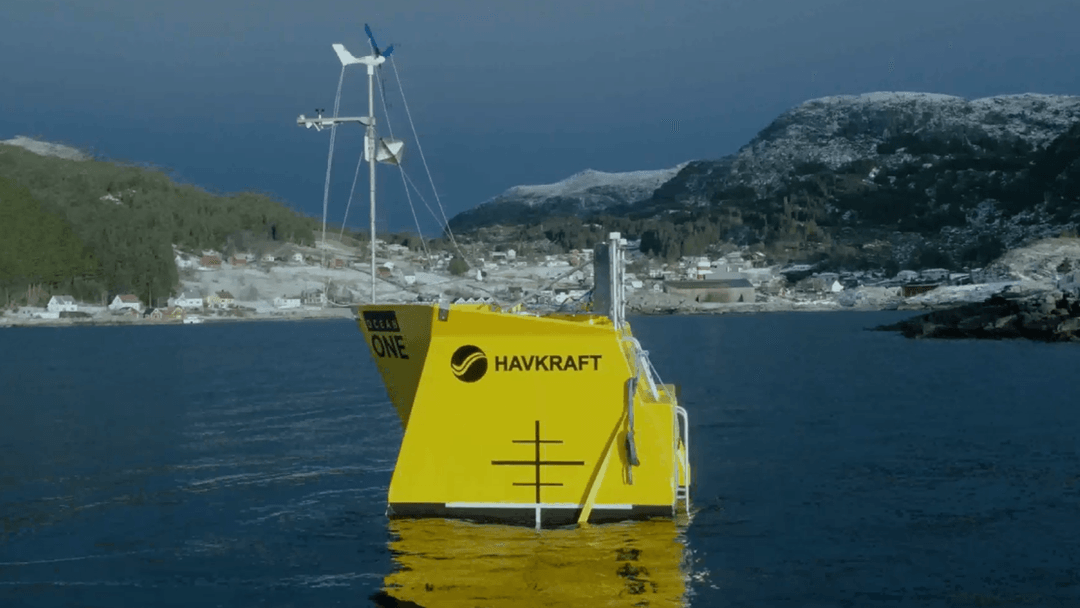 Havkrafts skalerte pilot «Ocean One» testet utenfor Måløy vinteren 2026. Foto: Havkraft.